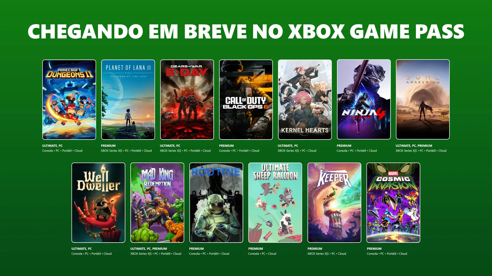 Game Pass revela segunda leva de setembro com Gears of War: E-Day, Minecraft Dungeons II, Dune: Awakening e mais