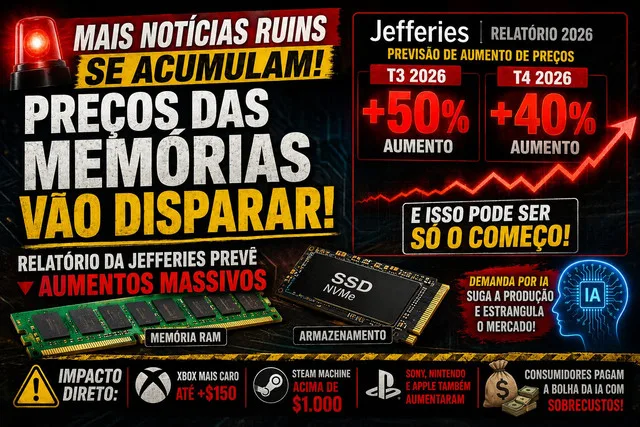 Relatório prevê nova disparada nos preços de memória RAM e SSD até o fim de 2026