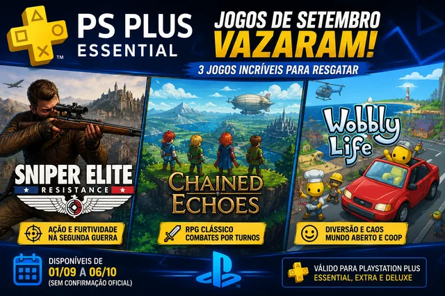 PS Plus Essential de setembro de 2026 vaza antes do anúncio oficial; confira os três jogos