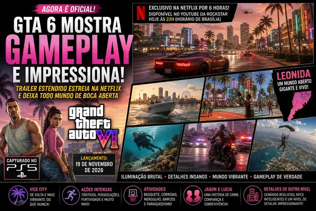 GTA 6 finalmente mostra gameplay e impressiona: iluminação, mundo aberto e nível de detalhes estão insanos